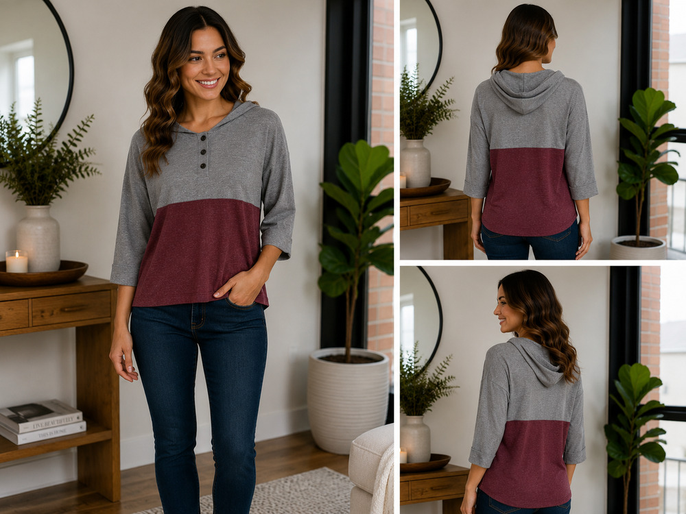 Chaser XS Colorblock Hooded Knit Top Gray Dark Ruby 3/4 Sleeve Hi Lo Hem